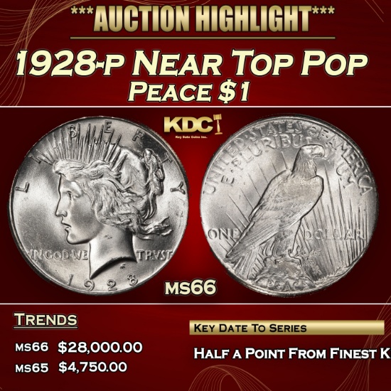 1928-p Peace Dollar Near Top Pop $1 ms66 SEGS