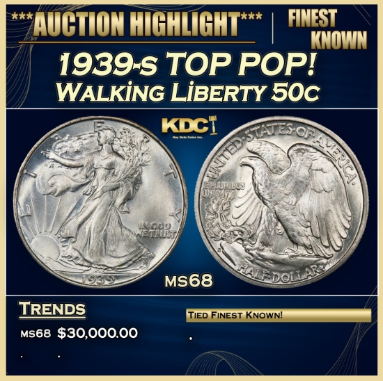 1939-s Walking Liberty Half Dollar TOP POP! 50c ms68 SEGS
