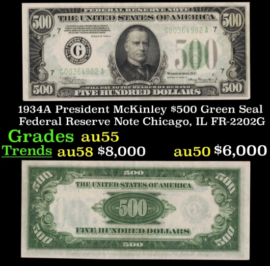 1934A $500 Green Seal Federal Reserve Note President McKinley Chicago, IL Grades Choice AU FR-2202G
