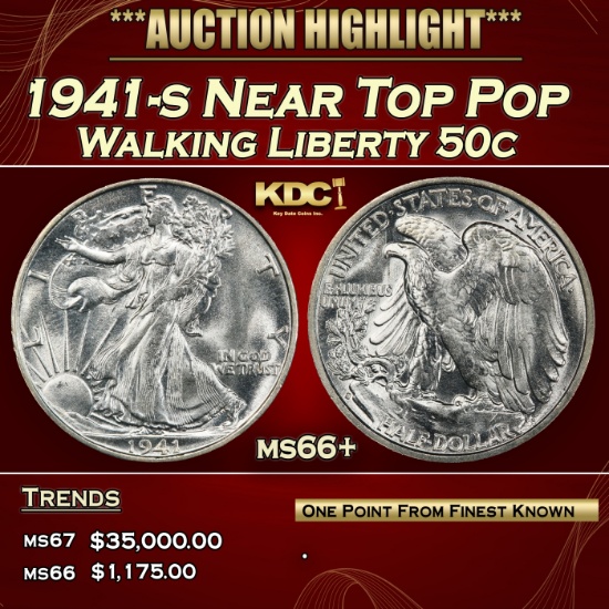 1941-s Walking Liberty Half Dollar Near Top Pop 50c ms66+ SEGS