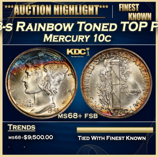 1943-s Mercury Dime Rainbow Toned TOP POP! 10c ms68+ fsb SEGS