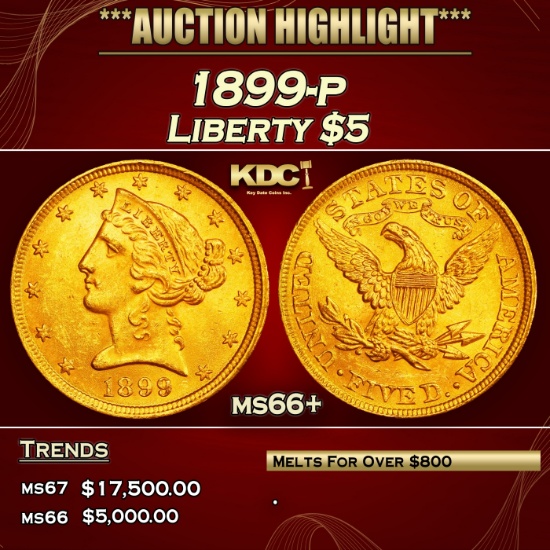 1899-p Gold Liberty Half Eagle $5 ms66+ SEGS
