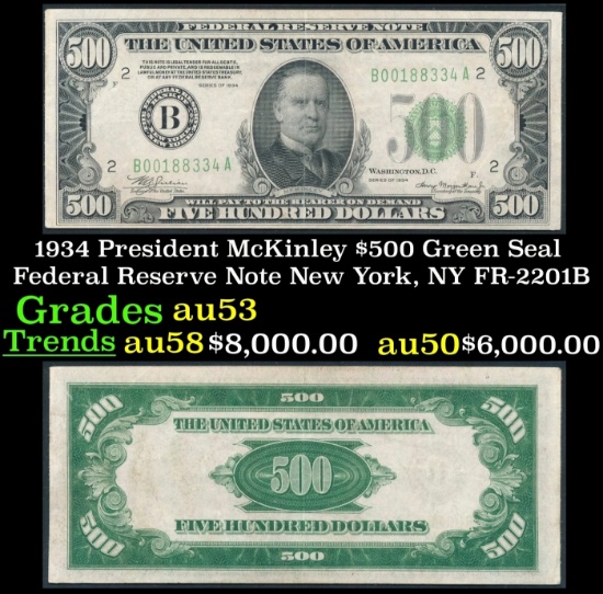 1934 $500 Green Seal Federal Reserve Note President McKinley New York, NY Grades Select AU FR-2201B