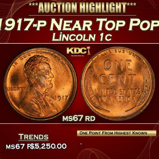 1917-p Lincoln Cent Near Top Pop! 1c ms67 rd SEGS