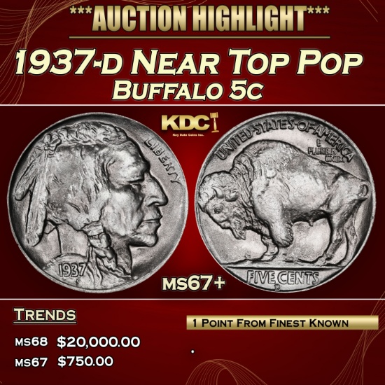 1937-d Buffalo Nickel Near Top Pop 5c ms67+ SEGS