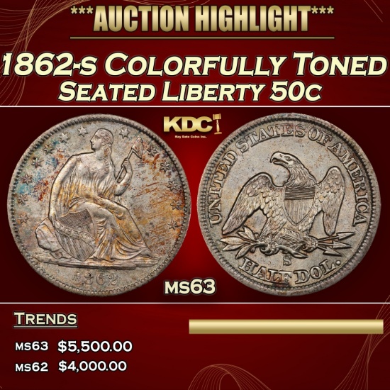 1862-s Seated Half Dollar Colorfully Toned 50c ms63 USCG