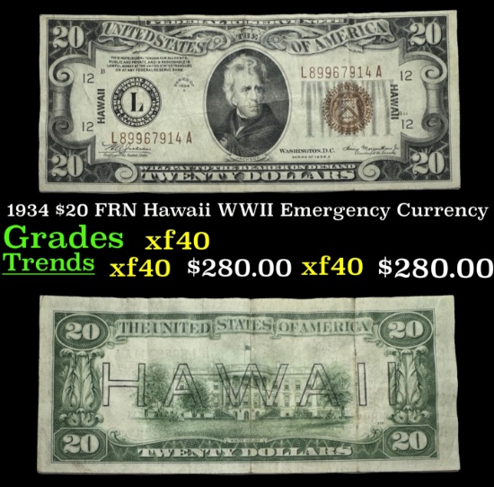 1934 $20 FRN Hawaii WWII Emergency Currency Grades xf