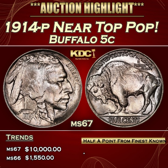 1914-p Buffalo Nickel Near Top Pop! 5c ms67 SEGS