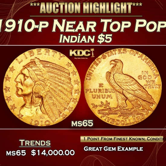 1910-p Gold Indian Half Eagle Near Top Pop! $5 ms65 USCG