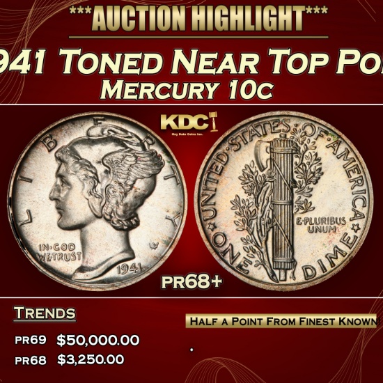 1941 Proof Mercury Dime Toned Near Top Pop 10c pr68+ SEGS