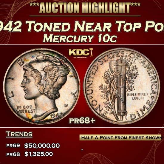 1942 Proof Mercury Dime Toned Near Top Pop 10c pr68+ SEGS