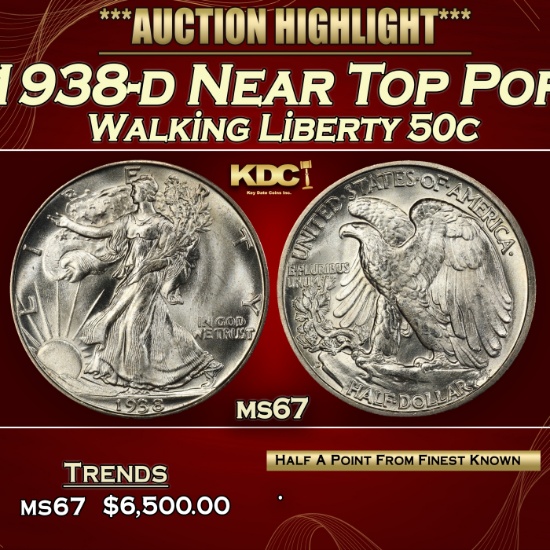 1938-d Walking Liberty Half Dollar Near Top Pop 50c ms67 SEGS