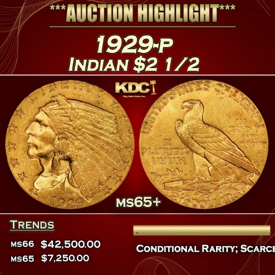 1929-p Gold Indian Quarter Eagle $2 1/2 ms65+ SEGS