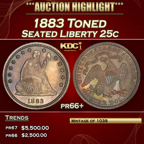 1883 Proof Seated Liberty Quarter Toned 25c pr66+ SEGS