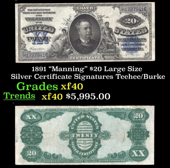 1891 $20 Large Silze Silver Certificate "Manning" Grades xf Signatures Teehee/Burke