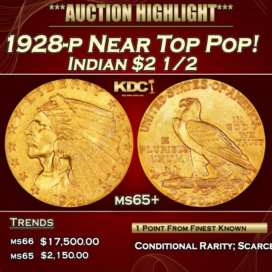 1928-p Gold Indian Quarter Eagle Near Top Pop! $2 1/2 ms65+ SEGS