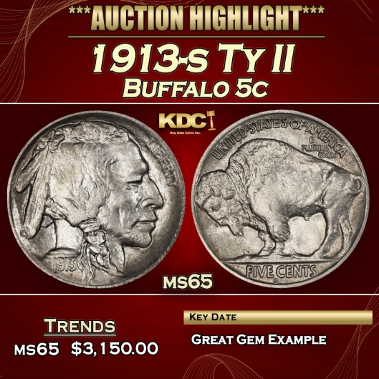 1913-s Ty II Buffalo Nickel 5c ms65 SEGS