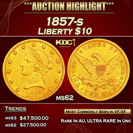 1857-s Gold Liberty Eagle $10 ms62 USCG