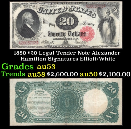 1880 $20 Legal Tender Note Alexander Hamilton Grades Select AU Signatures Elliott/White