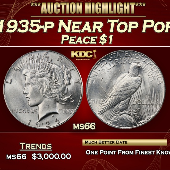 1935-p Peace Dollar Near Top Pop $1 ms66 SEGS