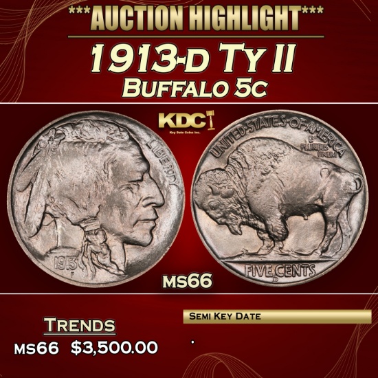 1913-d Ty II Buffalo Nickel 5c ms66 SEGS