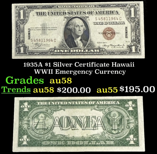 1935A $1 Silver Certificate Hawaii WWII Emergency Currency Grades Choice AU/BU Slider