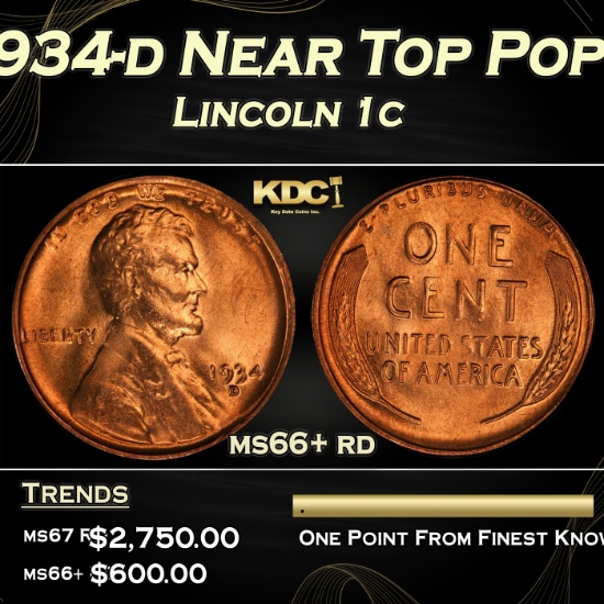 1934-d Lincoln Cent Near Top Pop 1c ms66+ rd SEGS
