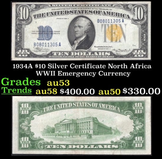 1934A $10 Silver Certificate North Africa WWII Emergency Currency Grades Select AU