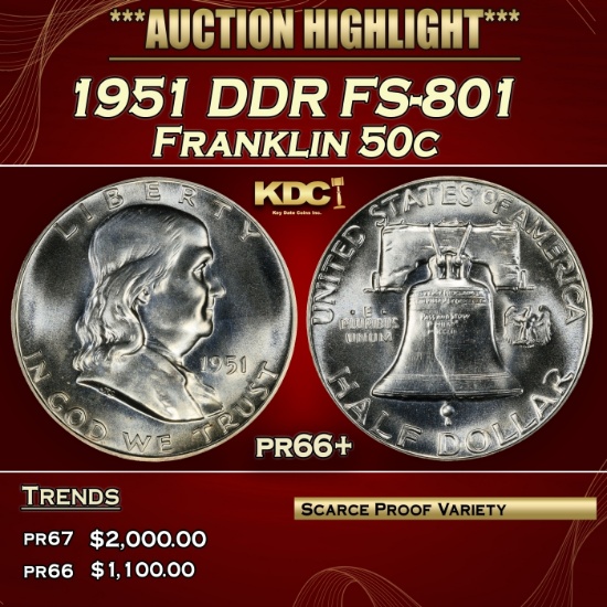 1951 Proof Franklin Half Dollar DDR FS-801 50c pr66+ SEGS