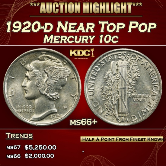 1920-d Mercury Dime Near Top Pop 10c ms66+ SEGS