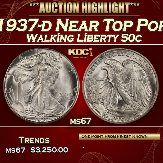 1937-d Walking Liberty Half Dollar Near Top Pop 50c ms67 SEGS