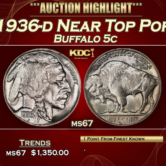 1936-d Buffalo Nickel Near Top Pop 5c ms67 SEGS