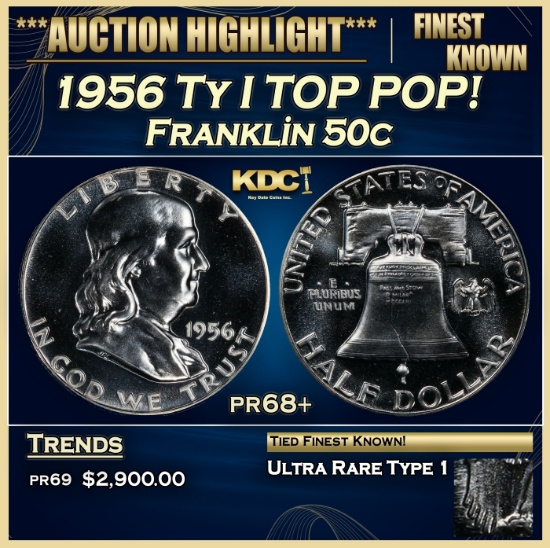 1956 Ty I Proof Franklin Half Dollar TOP POP! 50c pr68+ SEGS