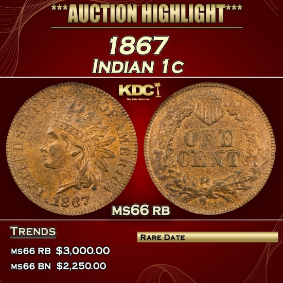 1867 Indian Cent 1c Grades ms66 rb