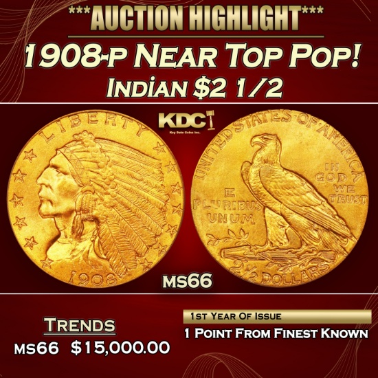 1908-p Gold Indian Quarter Eagle Near Top Pop! $2 1/2 ms66 USCG
