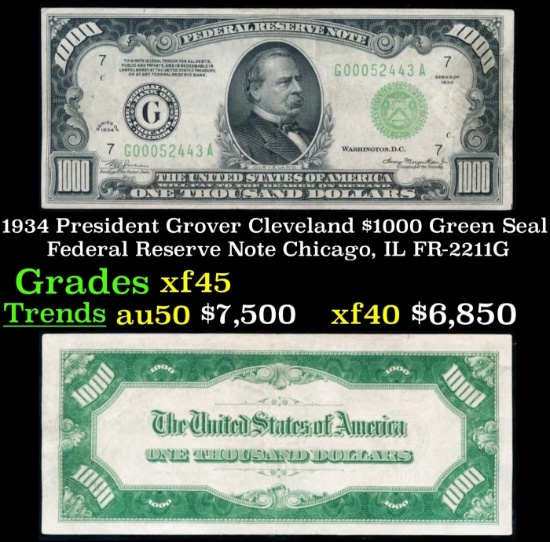 1934 $1000 Green Seal Federal Reserve Note President Grover Cleveland Chicago, IL Grades xf+ FR-2211