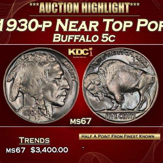 1930-p Buffalo Nickel Near Top Pop 5c ms67 SEGS