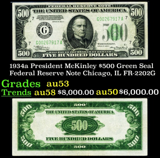 1934a $500 Green Seal Federal Reserve Note President McKinley Chicago, IL Grades Select AU FR-2202G