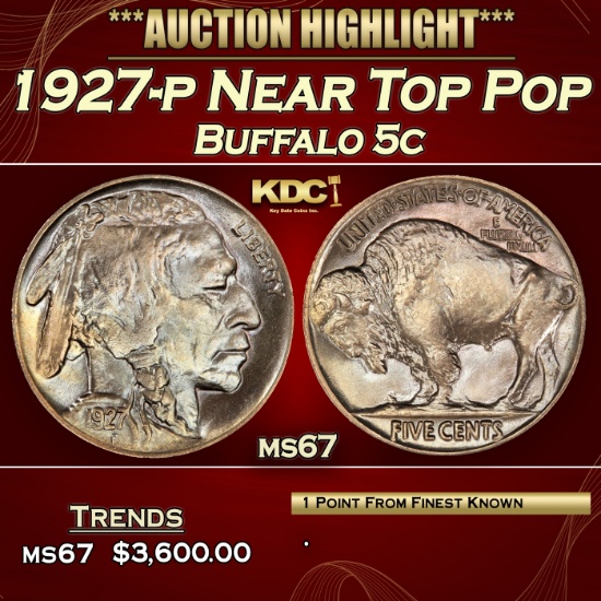 1927-p Buffalo Nickel Near Top Pop 5c ms67 SEGS