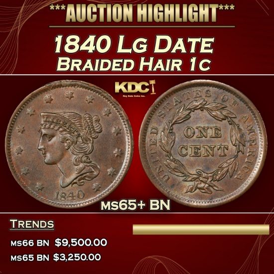 1840 Lg Date Braided Hair Large Cent 1c ms65+ BN SEGS