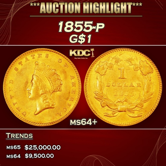 1855-p Gold Dollar $1 ms64+ SEGS