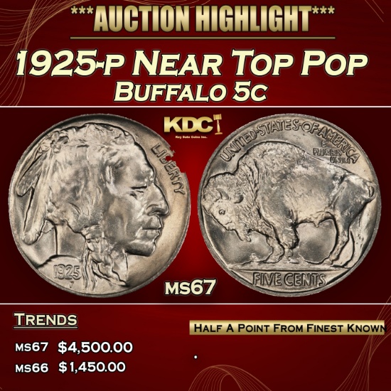 1925-p Buffalo Nickel Near Top Pop 5c ms67 SEGS