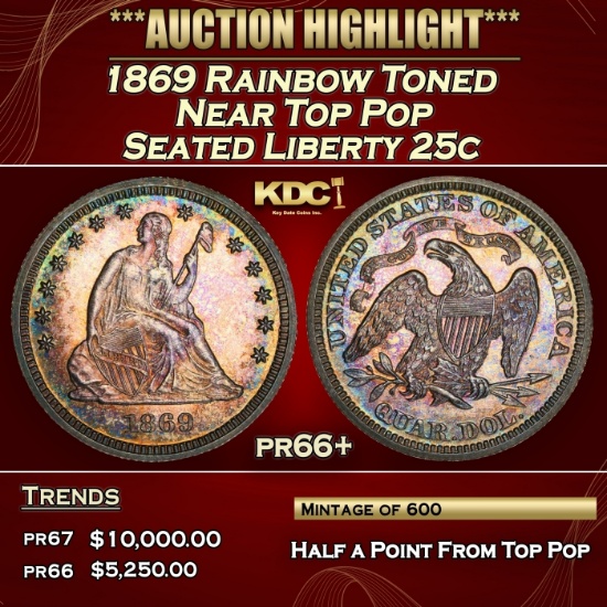 1869 Proof Seated Liberty Quarter Rainbow Toned Near Top Pop 25c pr66+ SEGS