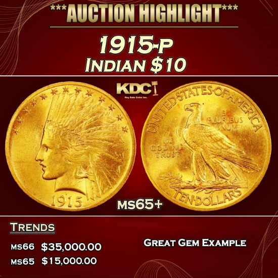 1915-p Gold Indian Eagle $10 ms65+ SEGS