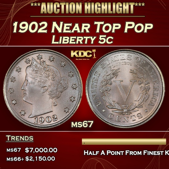 1902 Liberty Nickel Near Top Pop 5c ms67 SEGS