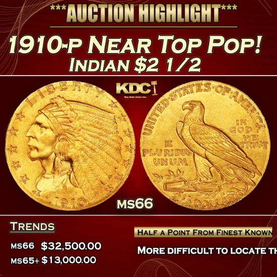 1910-p Gold Indian Quarter Eagle Near Top Pop! $2 1/2 ms66 USCG