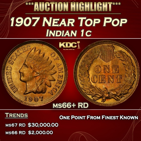 1907 Indian Cent Near Top Pop 1c ms66+ RD SEGS