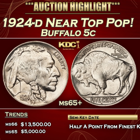 1924-d Buffalo Nickel Near Top Pop! 5c ms65+ SEGS