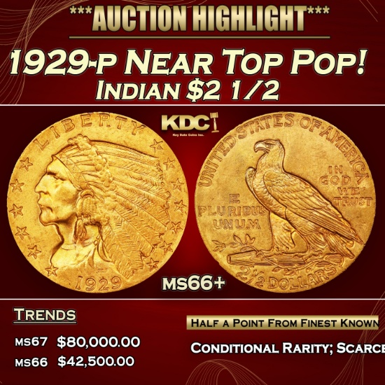 1929-p Gold Indian Quarter Eagle Near Top Pop! $2 1/2 ms66+ USCG