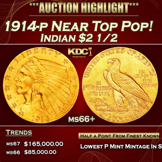 1914-p Gold Indian Quarter Eagle Near Top Pop! $2 1/2 ms66+ USCG